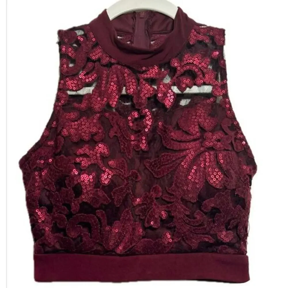 Sparkling Elegance Speechless Burgundy Lace Sequin Crop Top Size Adult 0 Dance